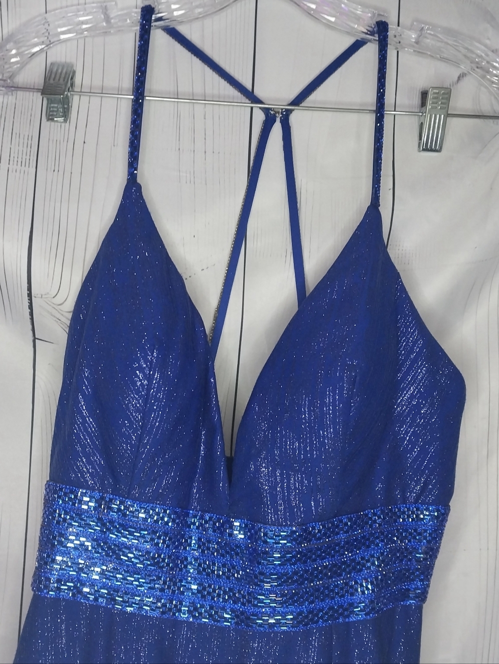 Mac Duggal Royal Blue Cassandra Stone V-Neck Maxi Prom Dress - Picture 6 of 16